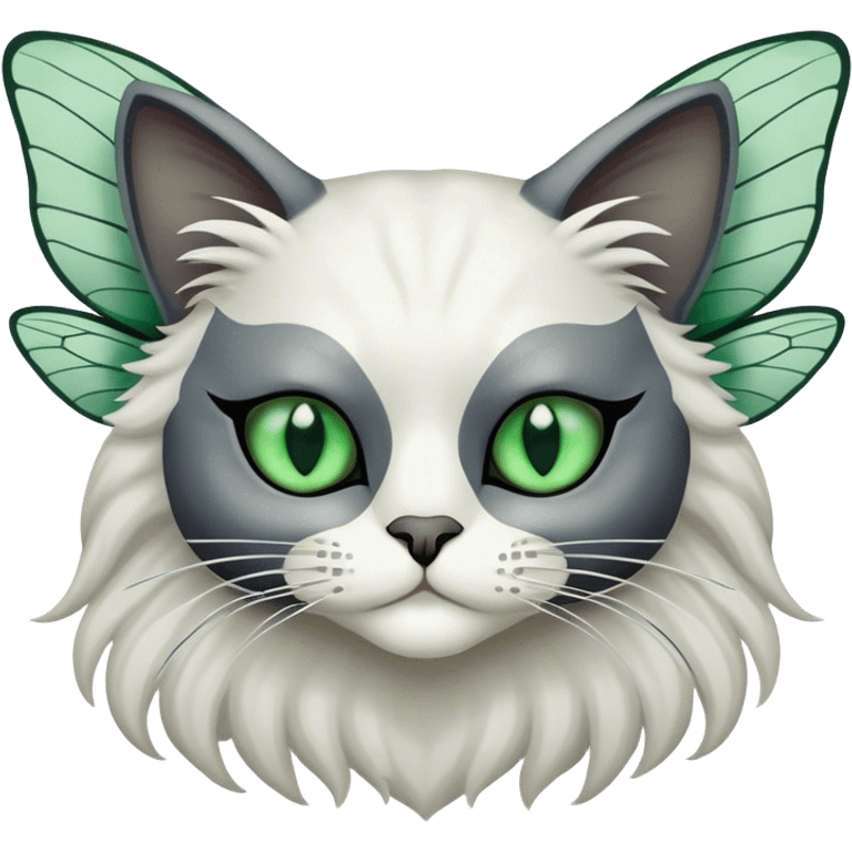 dark gray ragdoll Cat white mask with dragonfly wings antennae green eyes emoji