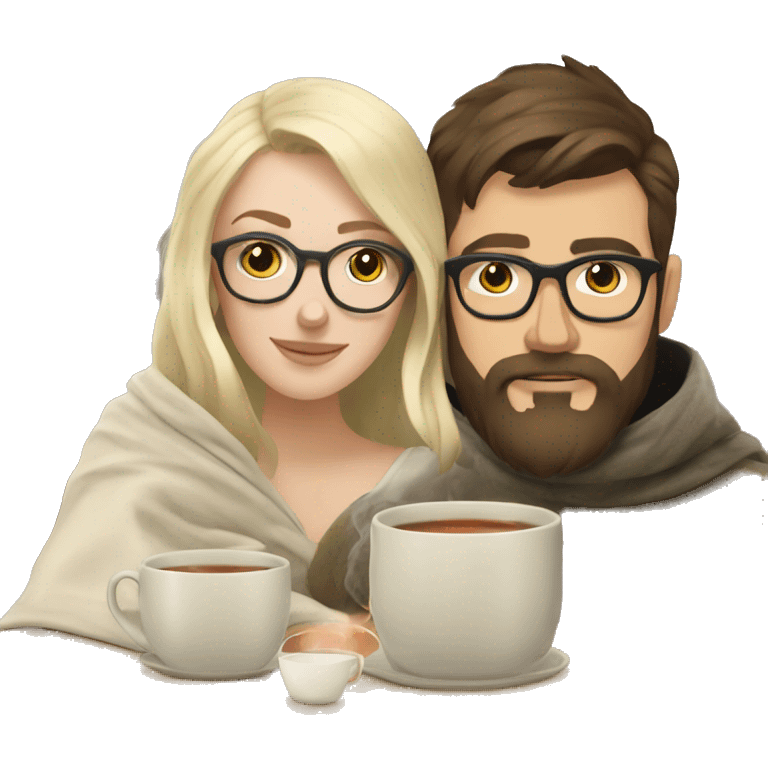 Pale blonde girl wearing glasses drinking tea under blanket with bearded brunette man emoji