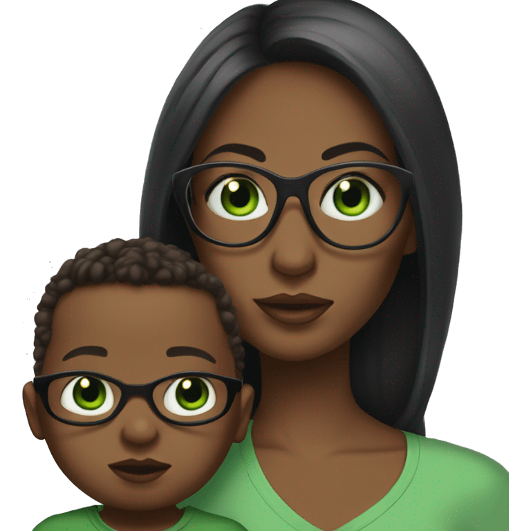 Black not that long straight hair with green eyes and glasses, big lips white girl holding one year old green eyes white baby son emoji