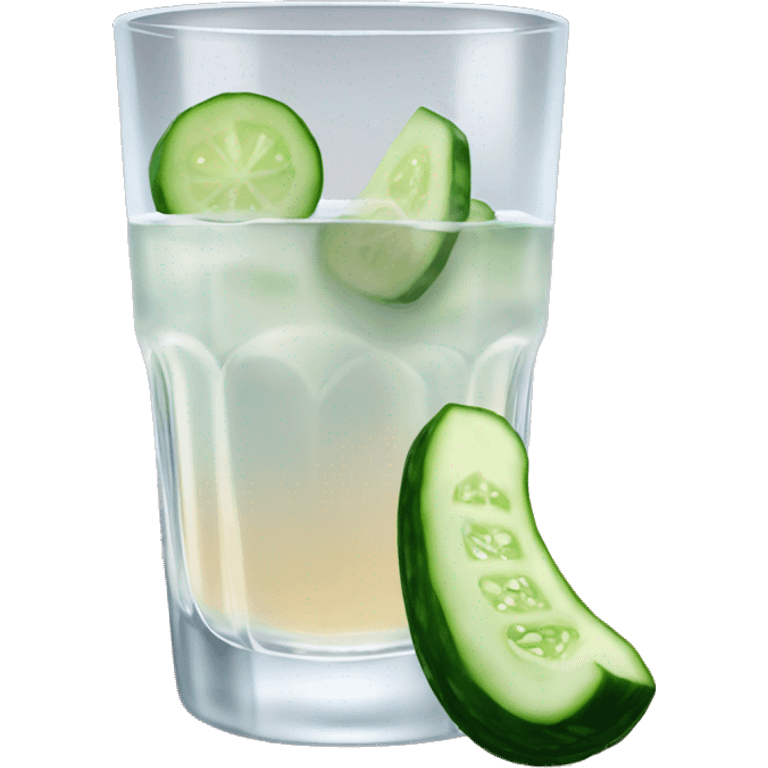 A cut glass of vodka and a small cucumber next to it.  emoji