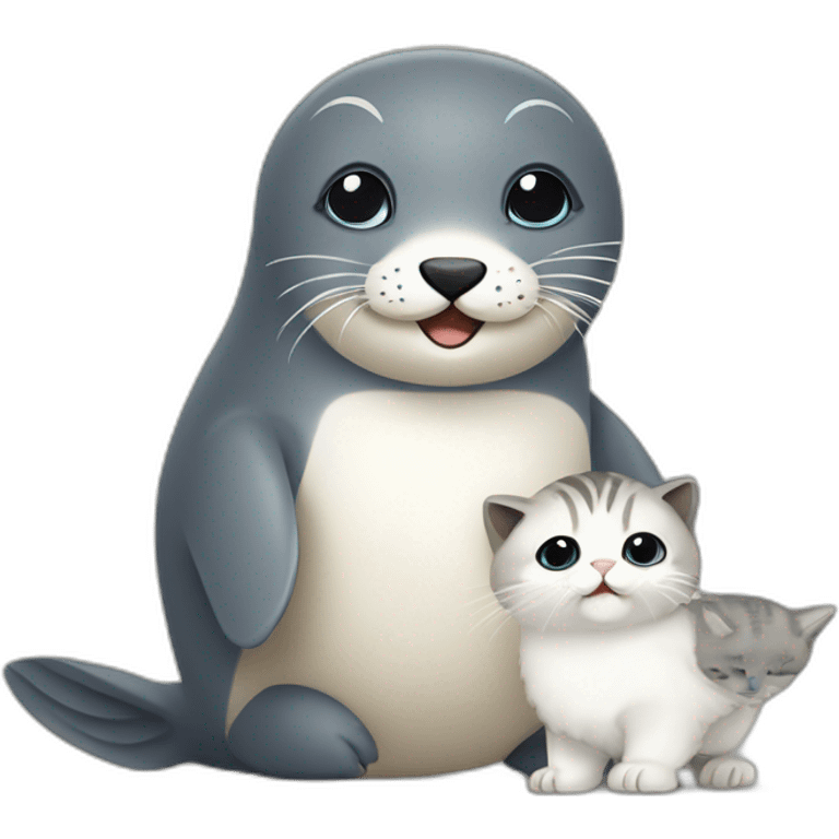 Flat design of a baby seal playing with a baby owl and a baby cat emoji