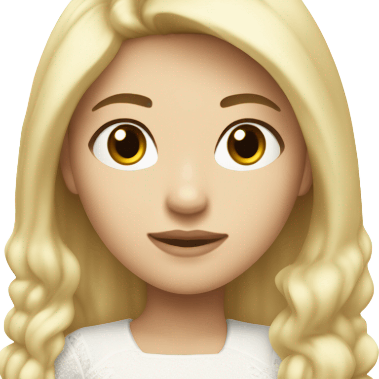 a beautiful blonde half asian girl with fair skin (winter kim lookalike) wearing white dress half body emoji