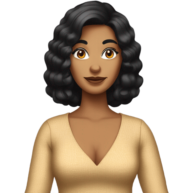 Tanned woman with black hair dressed in 1970s hair, makeup, and attire  emoji