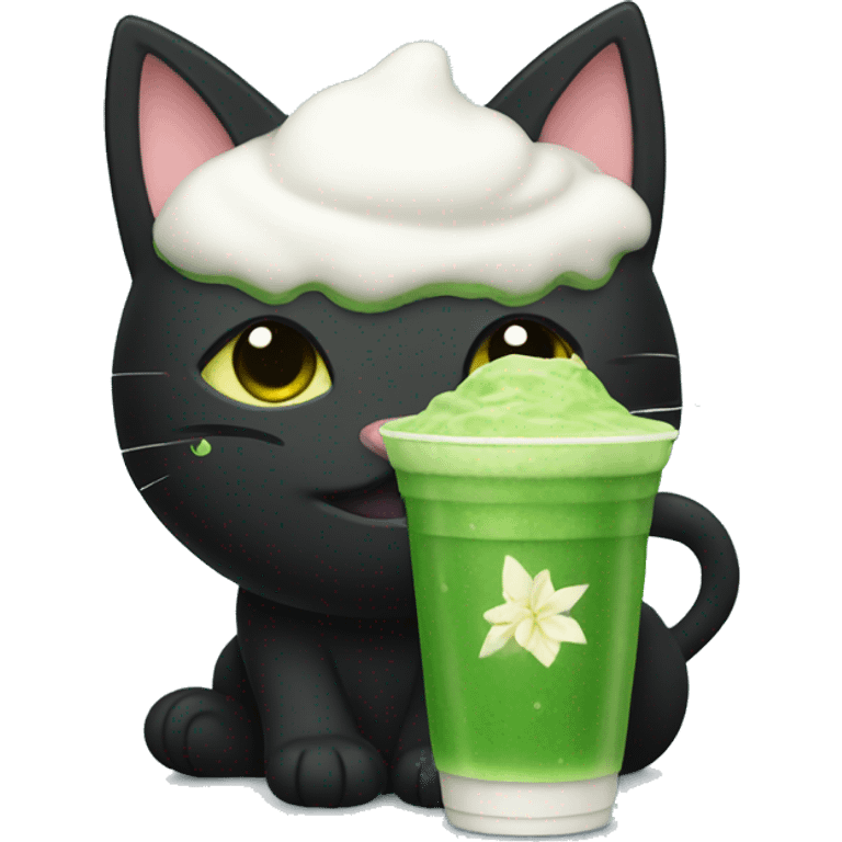 Cute Black Cat with a cup of iced matcha  emoji