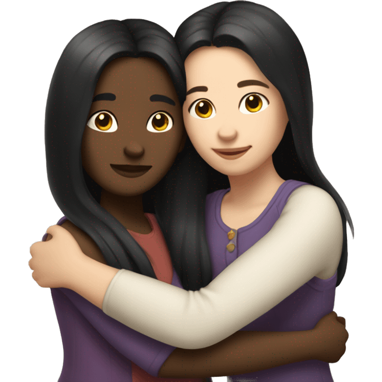 A lesbian couple who both have white skin and long black hair are hugging intimately. emoji