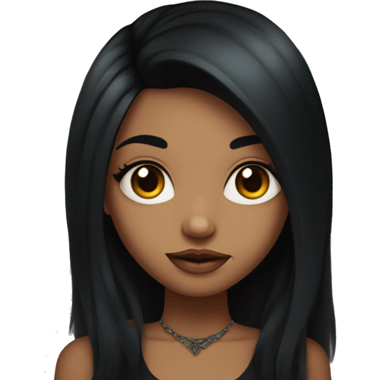 beautiful girl with tattoos, with long black hair and medium skin  , holding black cat emoji