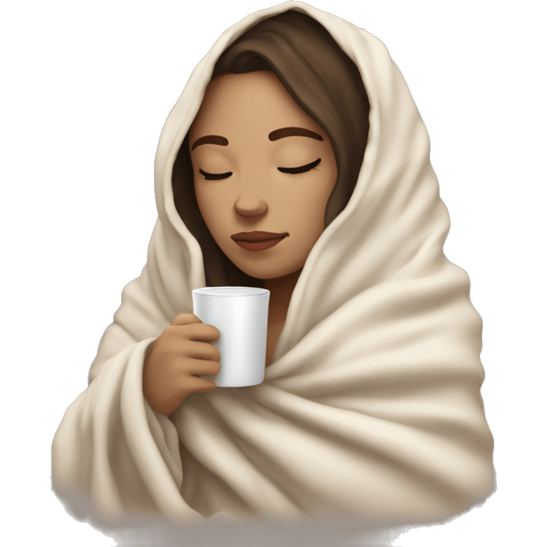 pale brunette girl inside a blanket sipping coffee eyes closed emoji