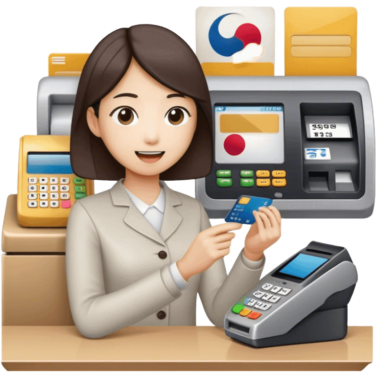 “An emoji-style illustration of a Korean person making a payment with a credit card. The person is holding a credit card and inserting or tapping it on a payment terminal. The scene suggests a typical transaction at a store or café counter, with a cashier or payment machine present. The person appears focused or content while completing the purchase. The style is minimalistic and expressive, resembling an emoji.” emoji