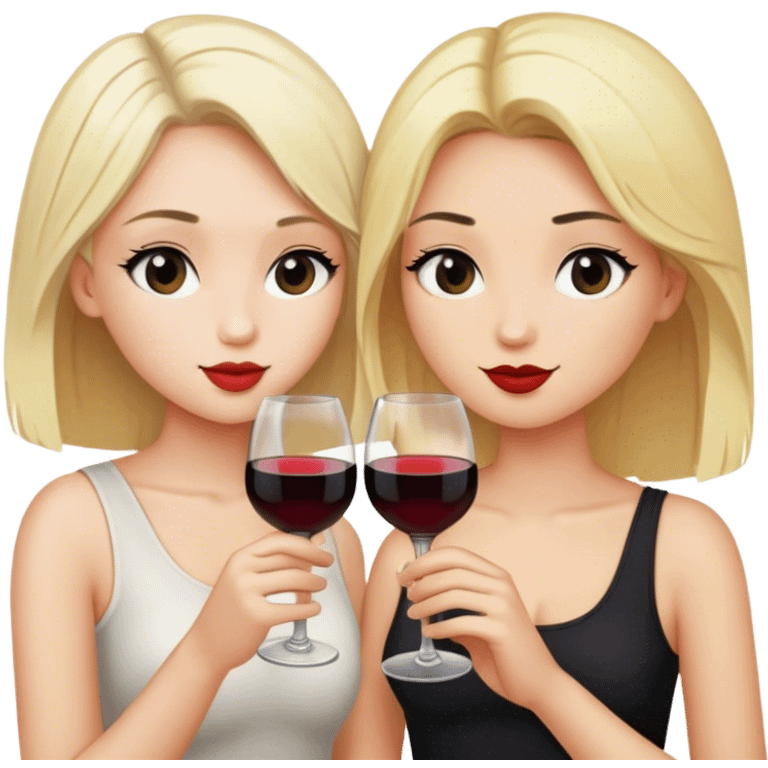 Girl with blonde hair and girl with black hair drinking wine emoji