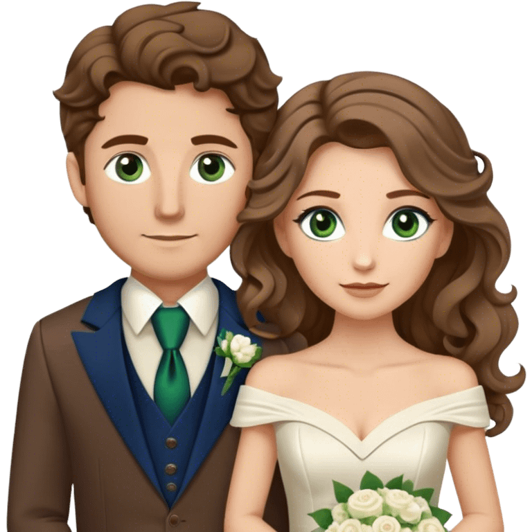 A bride and groom. Bride has brown hair with soft curls, has green eyes, wears an off shoulder dress. Groom, dark blue eyes, hair is blond, wears a brown suit with a brown vest and a bolo tie. emoji