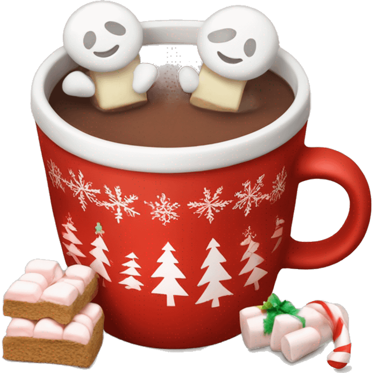 christmas red colour cup with hot chocolate and marshmallows with more Christmas details in the cup emoji