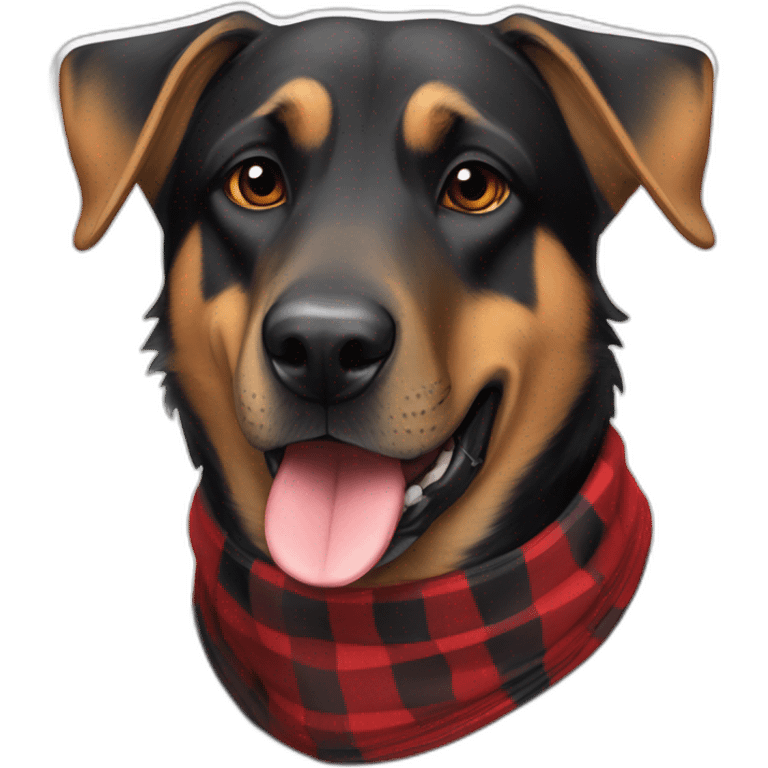 adult 75% Coonhound 25% German Shepherd mix dog wearing small pointed red buffalo plaid bandana emoji