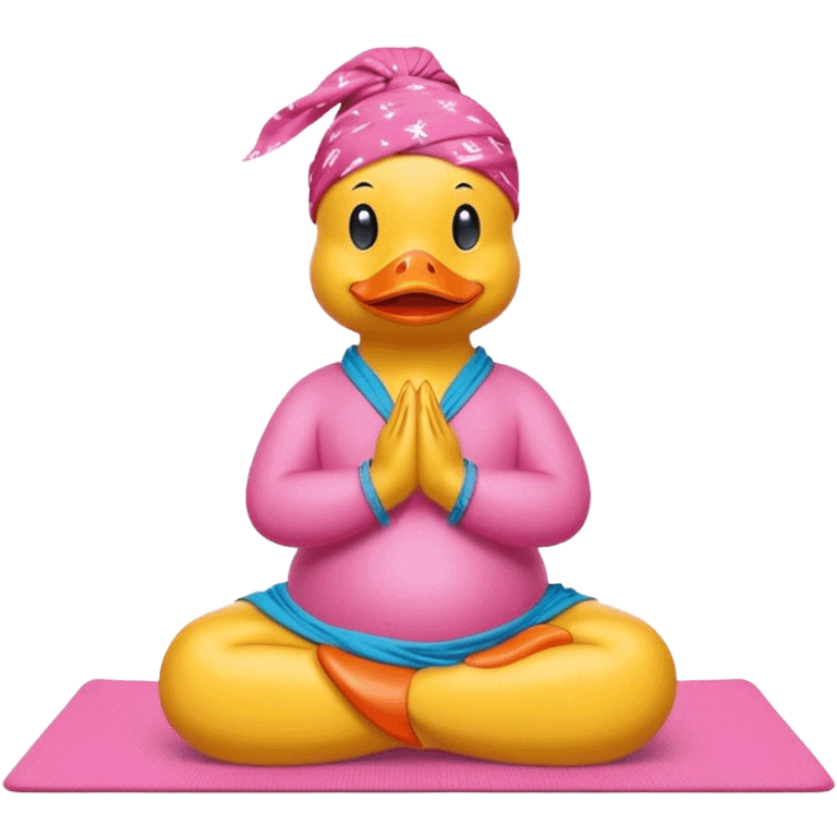 side view of yellow rubber duck with a pink bandana doing yoga while praying emoji