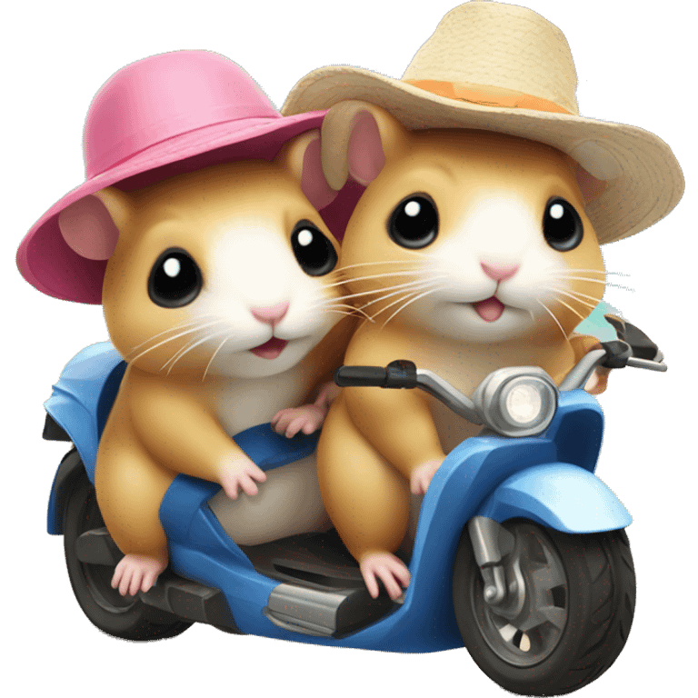 Two hamsters wearing swimwear and sun hat driving by motorbike on the beach emoji