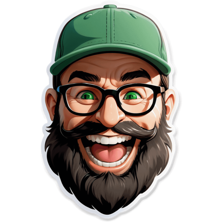 A man with a grey baseball cap, green eyes, big dark brown beard and glasses, laughing out loud  emoji