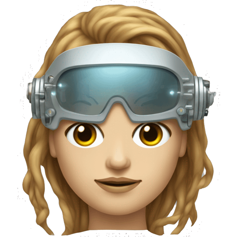 female cyborg head, fair skin, Brown long hair with blonde steaks, space age goggles and circuits emoji