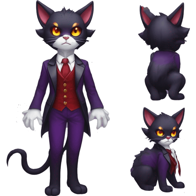 Cute-Evil-Vampiric-Batty-Cat-Black-Purple-Red-Yellow-Contrast-Colors-Fantasy-Fur-Sona-Chibi-Shiny-Fakémon-Hybrid with horns and big fangs neck bow white tie leg spats full body emoji