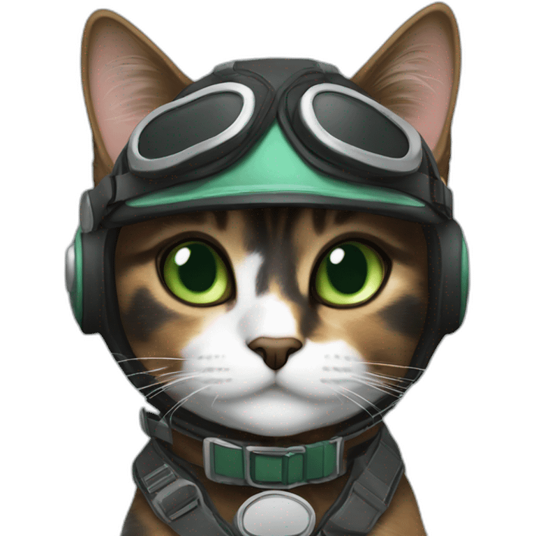 black, brown and grey calico cat with green eyes dressed as a pilot emoji