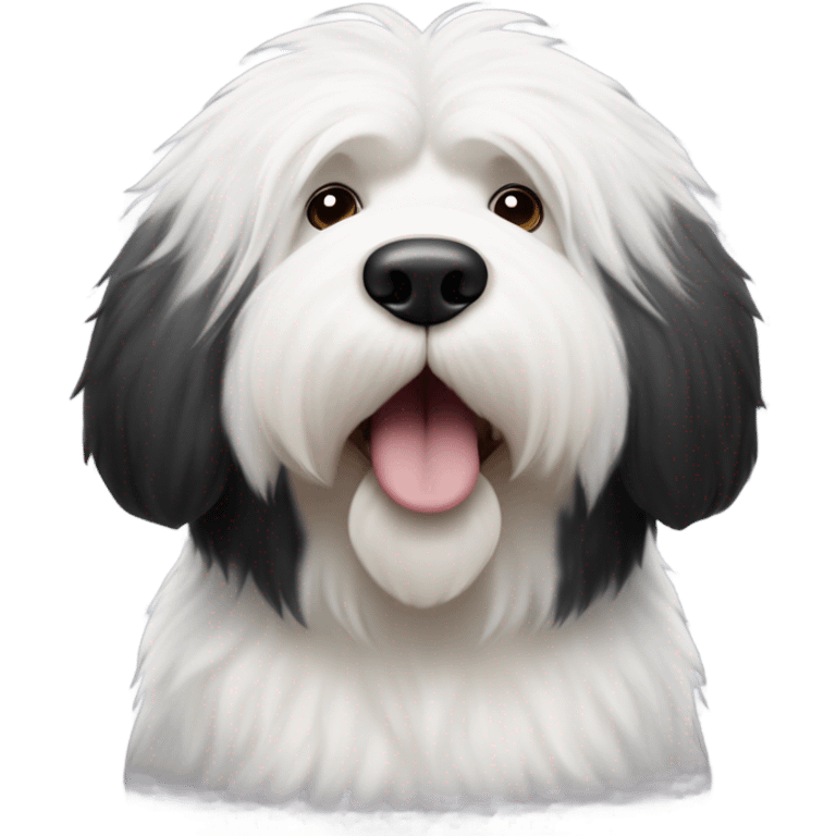 Old English sheepdog with a half and half face like a black (left) and white (right) cookie emoji