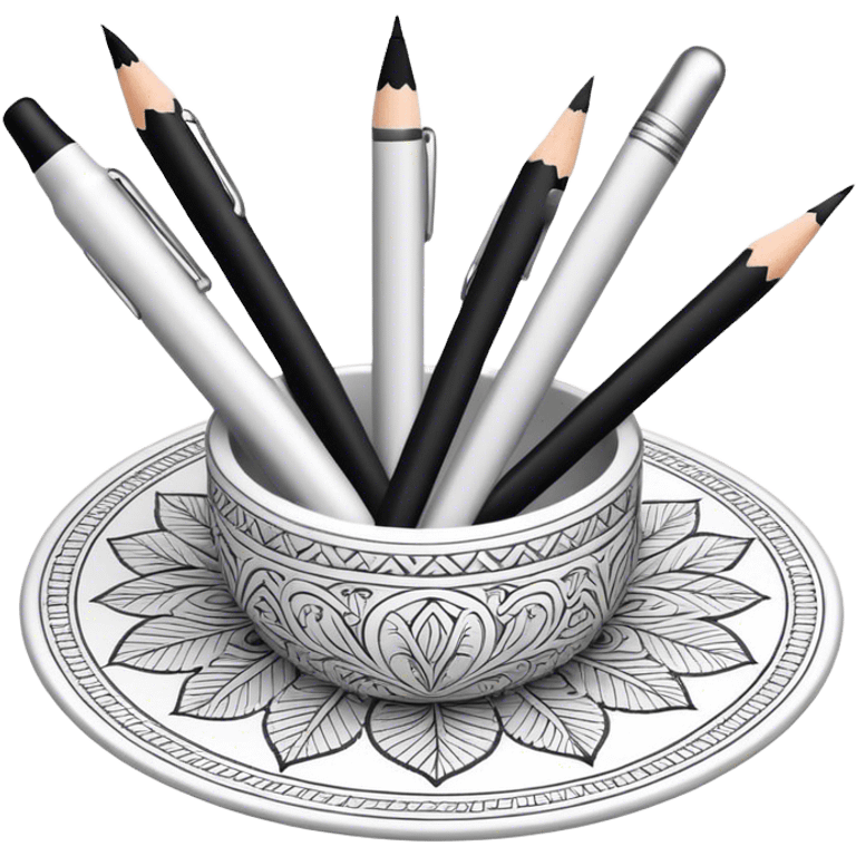 Artistic graphics, detailed linework, monochrome or soft colors, traditional tools like pencils, ink pens, erasers, intricate patterns, minimalistic style, clean lines, no extra details, on a white background. emoji