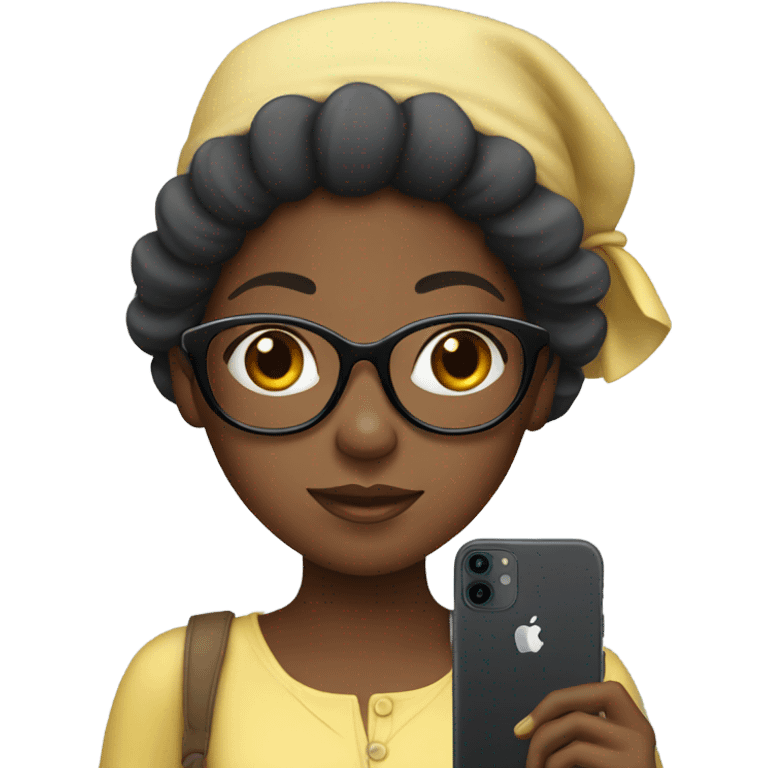 Black girl with a iPhone in hand, wearing a bonnet and glasses emoji