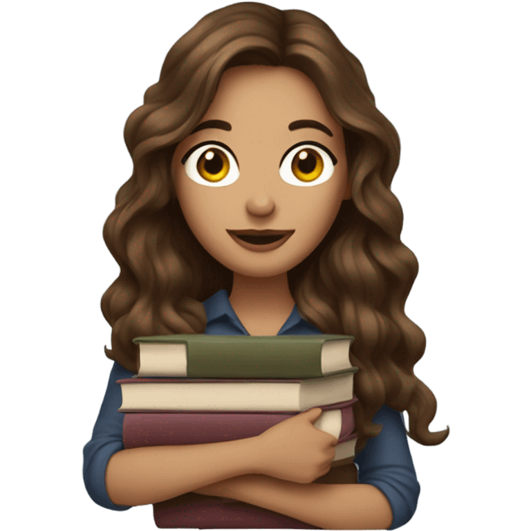 A woman with long wavy brown hair and books emoji