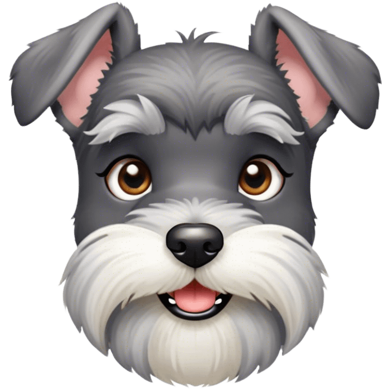 Cinematic Cute Miniature Schnauzer Portrait Emoji, Head cheerfully cocked with expressive, twinkling eyes and a neatly trimmed, adorable salt-and-pepper fur, simplified yet endearingly detailed, glowing with a bright, friendly radiance, high shine, exuding smart and spunky charm, styled with a delicate, whimsical outline, capturing the essence of a cute Miniature Schnauzer that appears ready to scamper off the screen with delightful energy! emoji