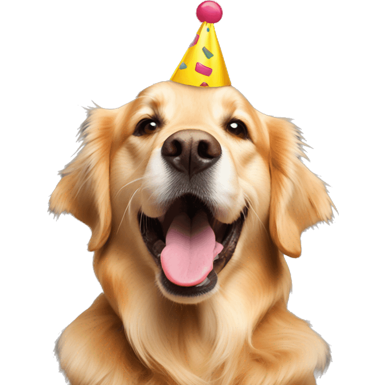 golden retriever with a birthday hat and tongue out emoji