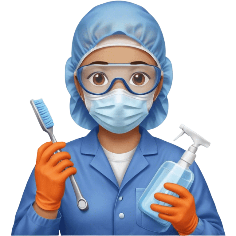 A meticulous cleanroom worker dressed in full protective gear, including a blue sterile suit, a face mask,  and orange gloves.  cleaning glasses with a wipe in one Hand emoji