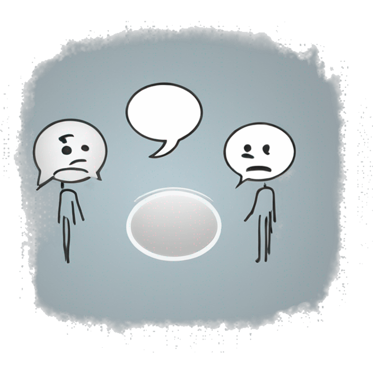 stick figure on the left talking with a speech bubble with sad face and another stick figure on the right talking to them with a speech bubble with a question mark emoji