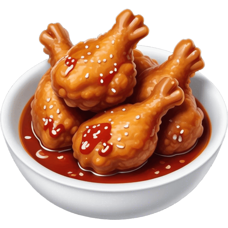 Korean Fried Chicken Cinematic Realistic Korean Fried Chicken Dish Emoji, depicted as bite-sized chicken chunks generously coated in a glossy, spicy sauce, in a bowl. emoji