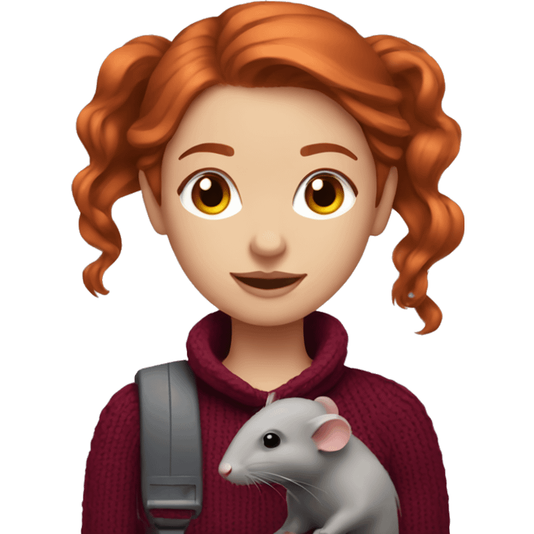 redhead girl with long hair and Dyson styling in a burgundy sweater and a grey rat on her shoulder emoji