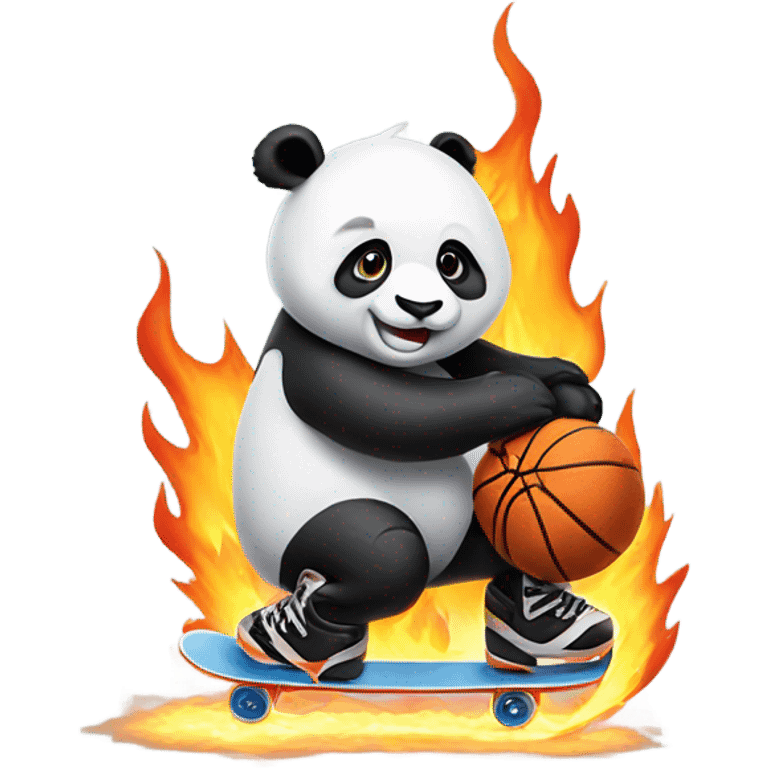 Panda in ice skates holding flaming basketball  emoji