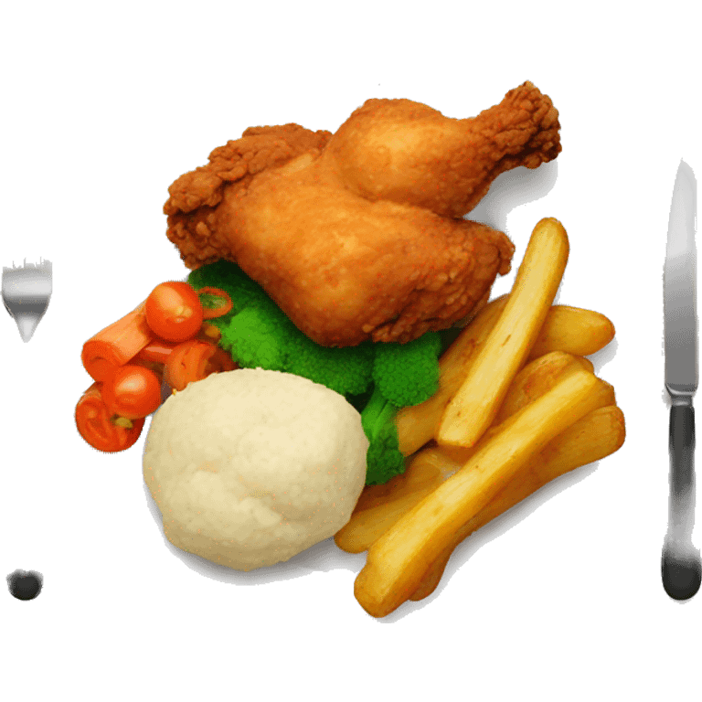 Fried chicken with fried vegetables and cooked potatoes on a plate emoji