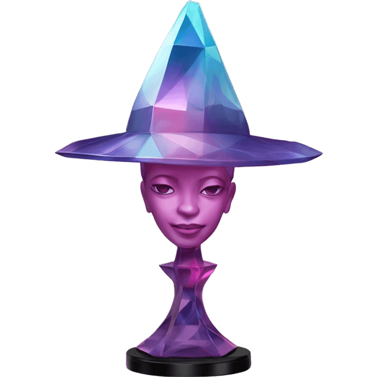 Glass sculpture Mage hat with a geometric, faceted design. The hat is standing upright on a base with angular and baroque features. The vibrant midtone tints of pastels and pink highlights the sharp edges and planes.  emoji