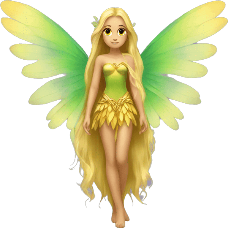 Beautiful, fairy, gold, yellow, green, long hair, big wings emoji