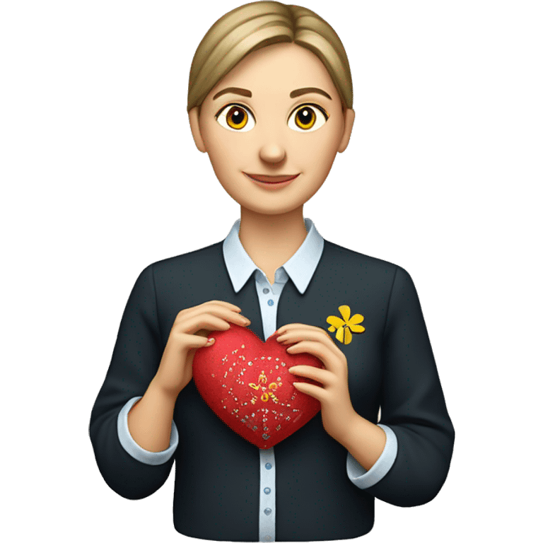 A Ukrainian teacher in an embroidered shirt holds a heart in her hands emoji