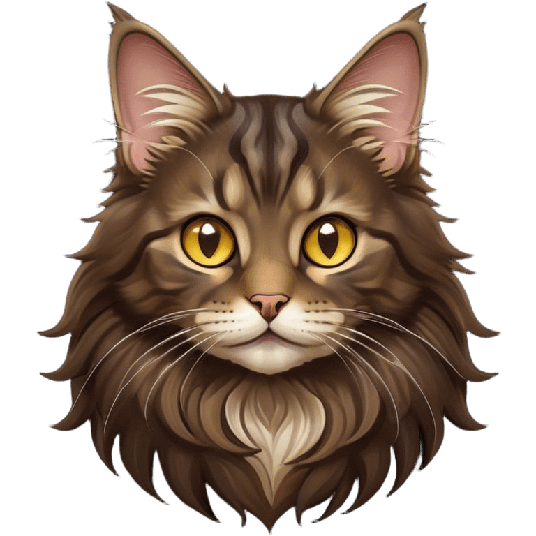 Cinematic Cute Maine Coon Cat Portrait Emoji, Head tilted playfully and inquisitively, sleek black, dark brown tones, Simplified yet adorable features, highly detailed, glowing with a warm, friendly glow, high shine, curious and affectionate, stylized with a touch of whimsy, bright and alert, soft glowing outline, capturing the essence of a mischievous yet loving kitten, so endearing it feels like it could pounce out of the screen and play with its fluffy tail swishing! emoji