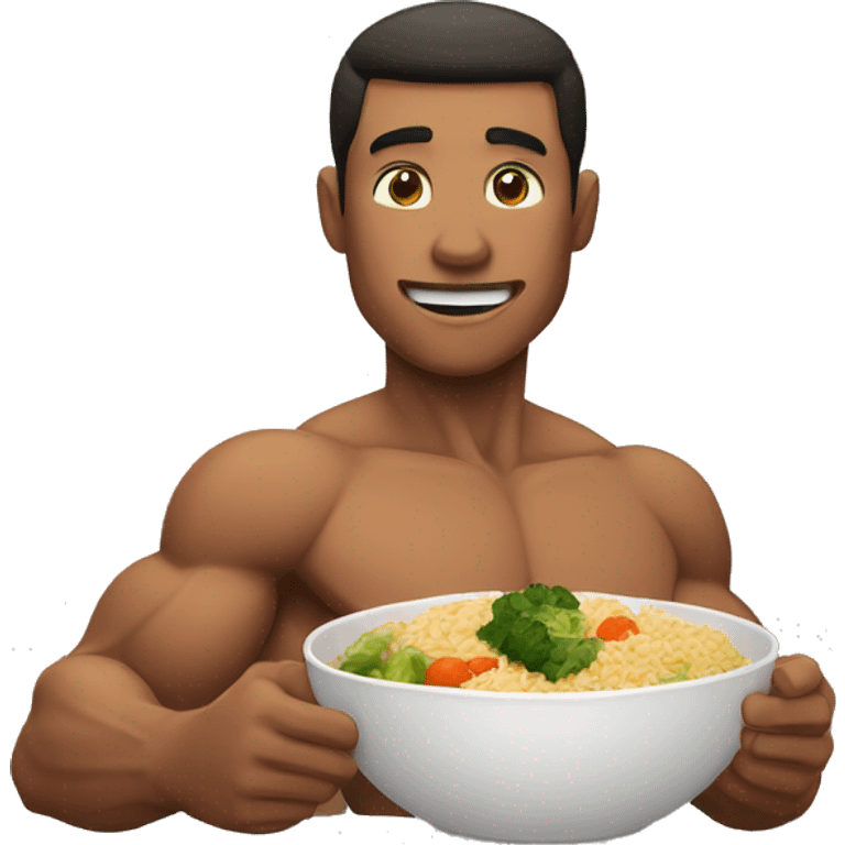 muscular man eating rice, meat and vegetables emoji