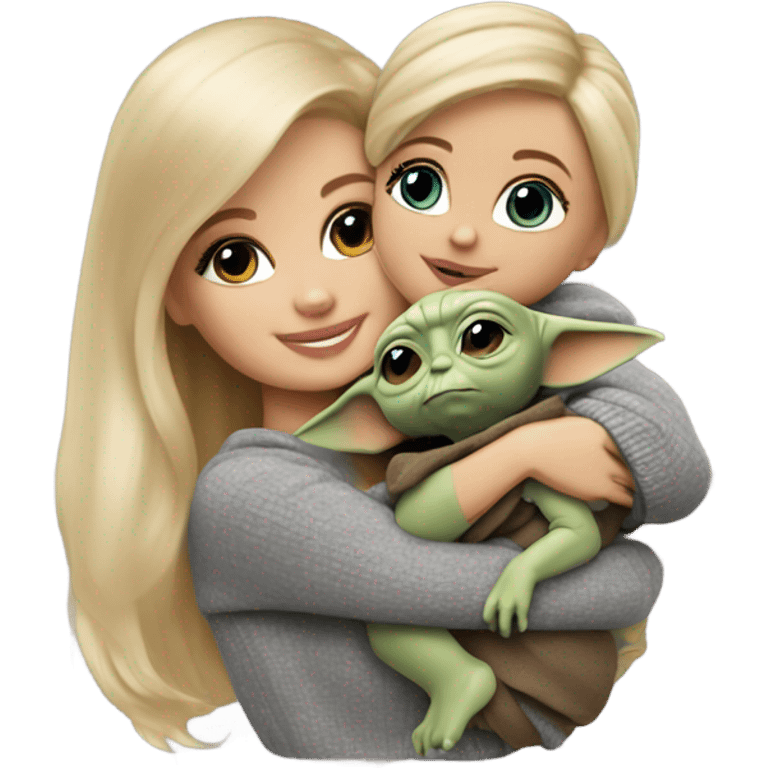 Blonde Barbie wearing gray sweater, holding Grogu (baby yoda) emoji