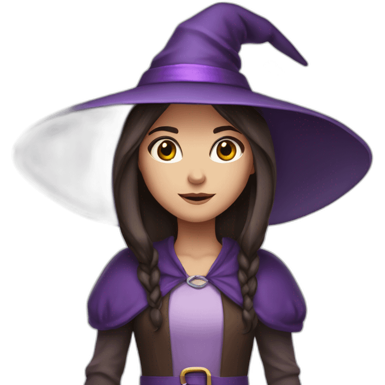 a young white brown thin girl with straight dark hair dressed as a purple witch emoji