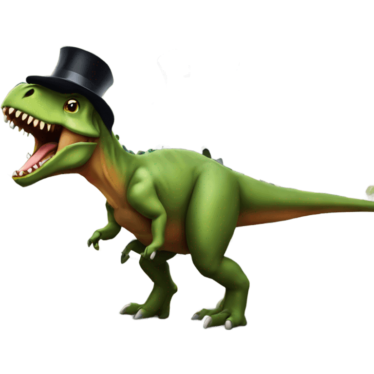 Dinosaur eating a building with a top hat emoji