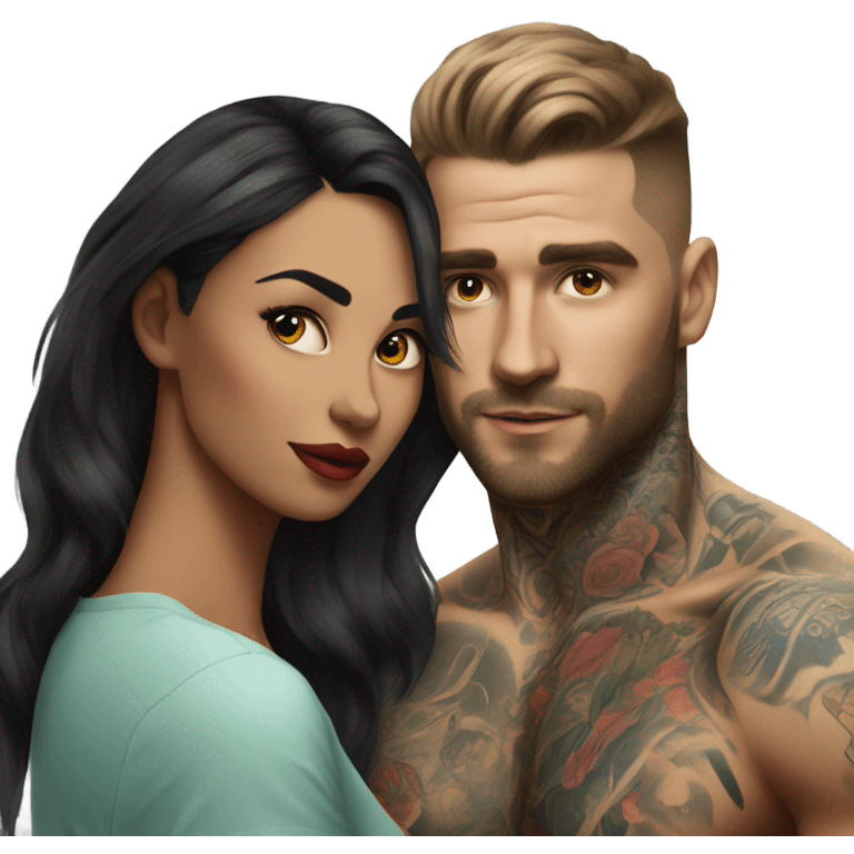 Hyper Realistic beautiful woman looking at a handsome tattooed man  emoji