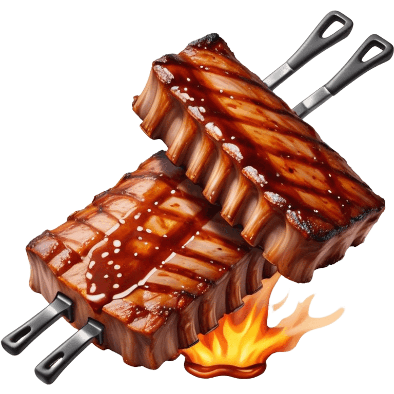 Cinematic juicy grilled ribs, glistening with smoky barbecue sauce, charred edges, tender meat falling off the bone, sizzling on a hot grill, mouthwatering and rich, warm and inviting, ultra-realistic and delicious. emoji