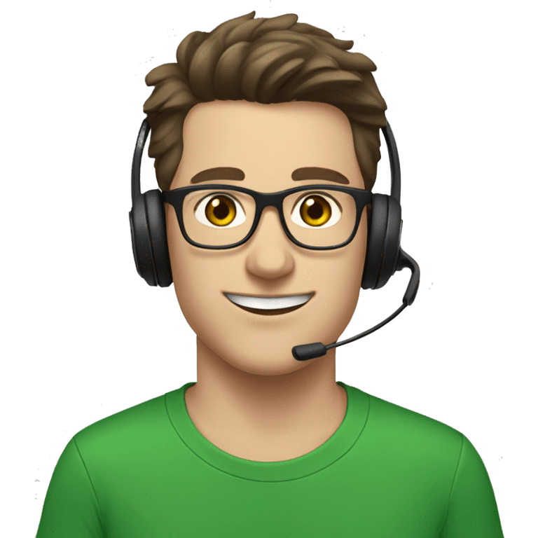 white young man with blue eyes and dark brown hair and square glasses wearing green t-shirt with headset emoji