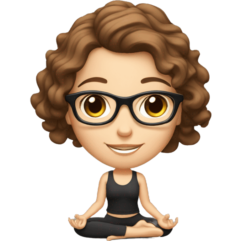 White girl with wavy brown hair, brown eyes and black glasses doing yoga emoji