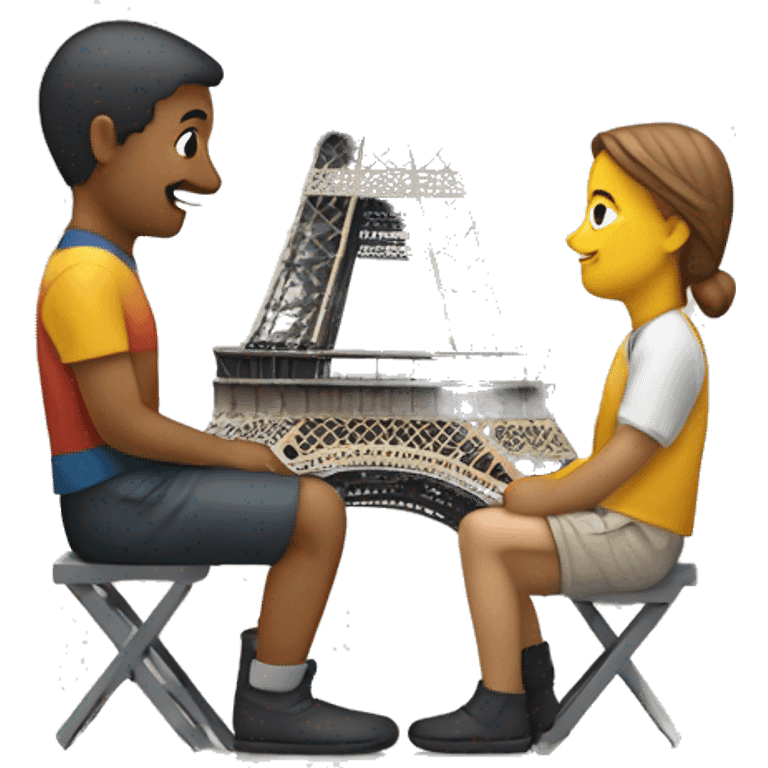 deux petit groupes de personnes qui se poursuivent en courent avec la Tour Eiffel en arrière plan emoji