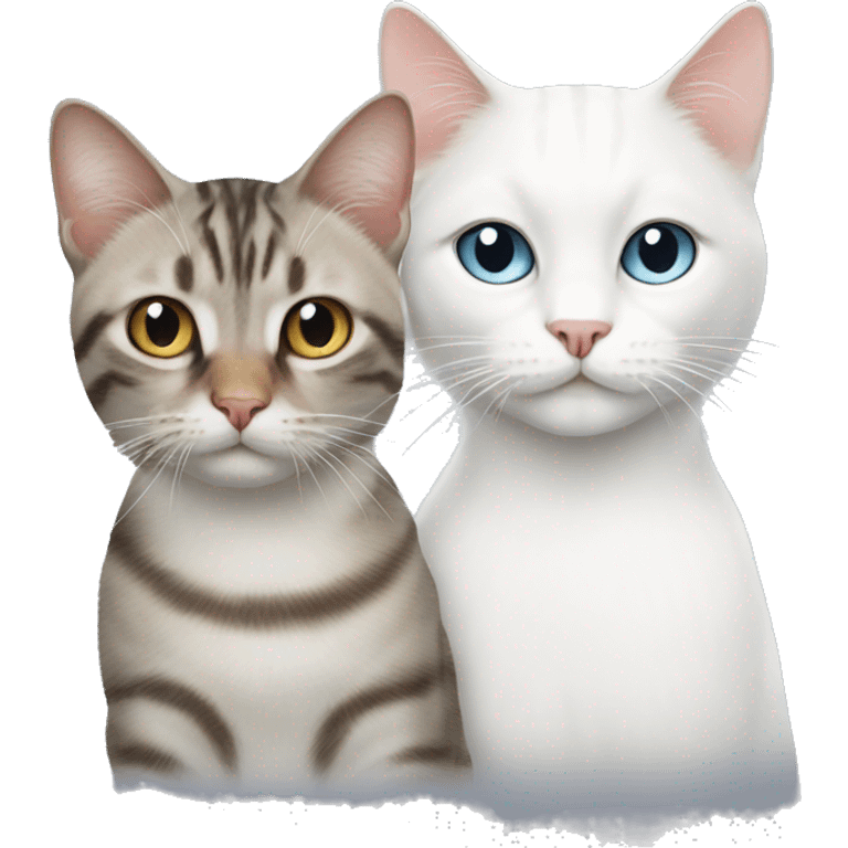 A fully white domestic cat with a tabby cat emoji