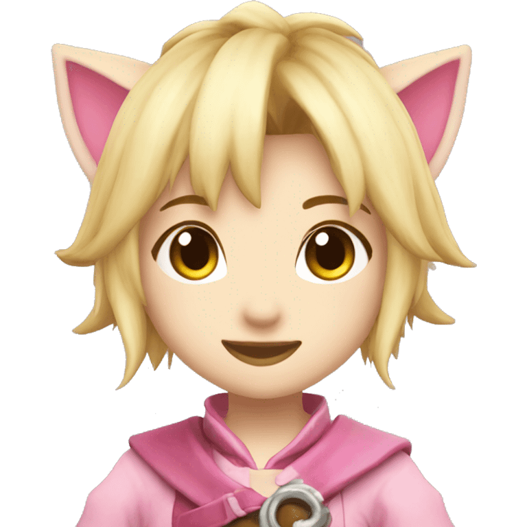 Cute blonde miqo’te swishing her tail wearing pink emoji