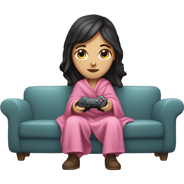 White girl with dark hair wrapped up in a blanket sitting on a couch with a pink gaming controller in her hands emoji